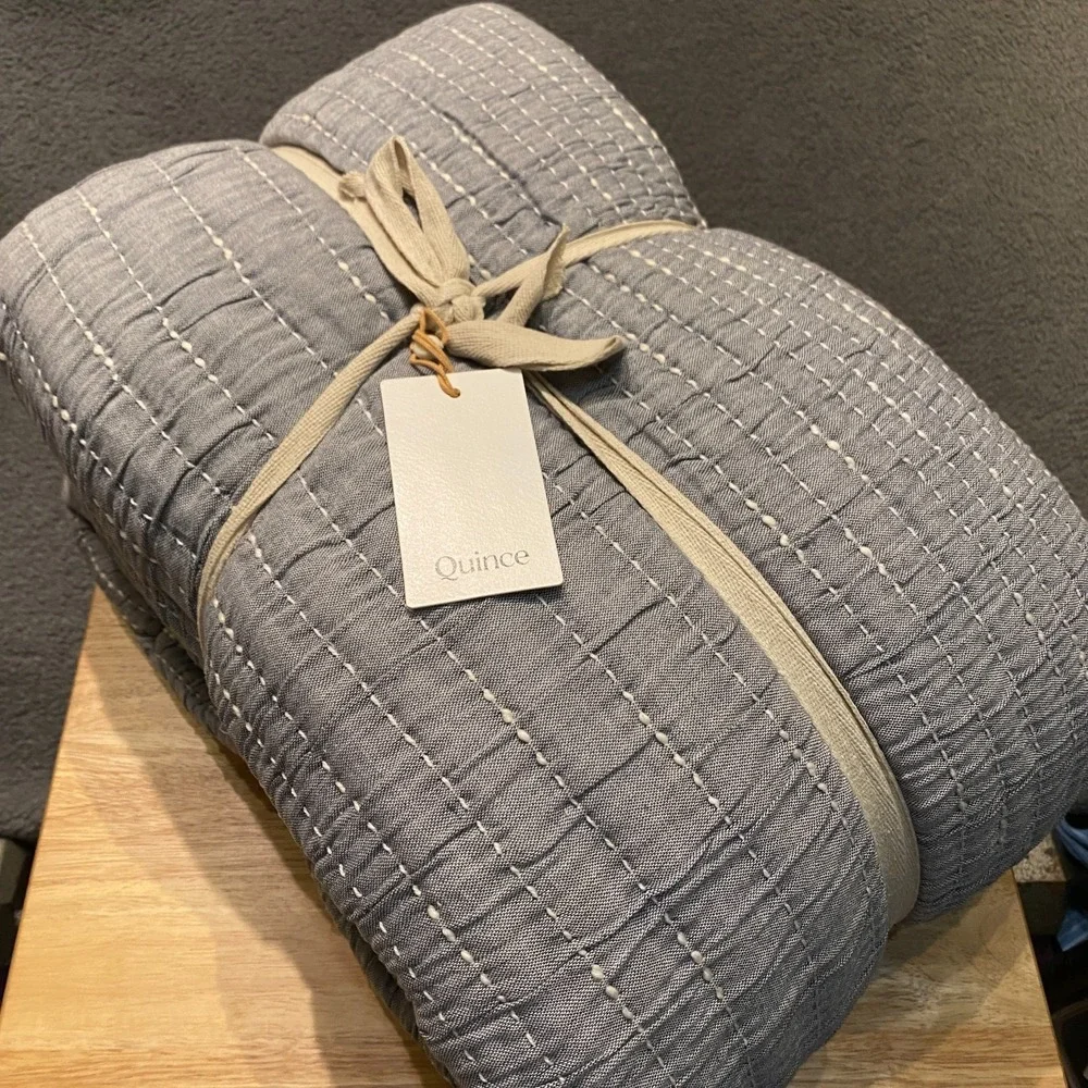 Organic Cotton Channel Stitch Coverlet Set Full/Queen Size Blue with Sham Set